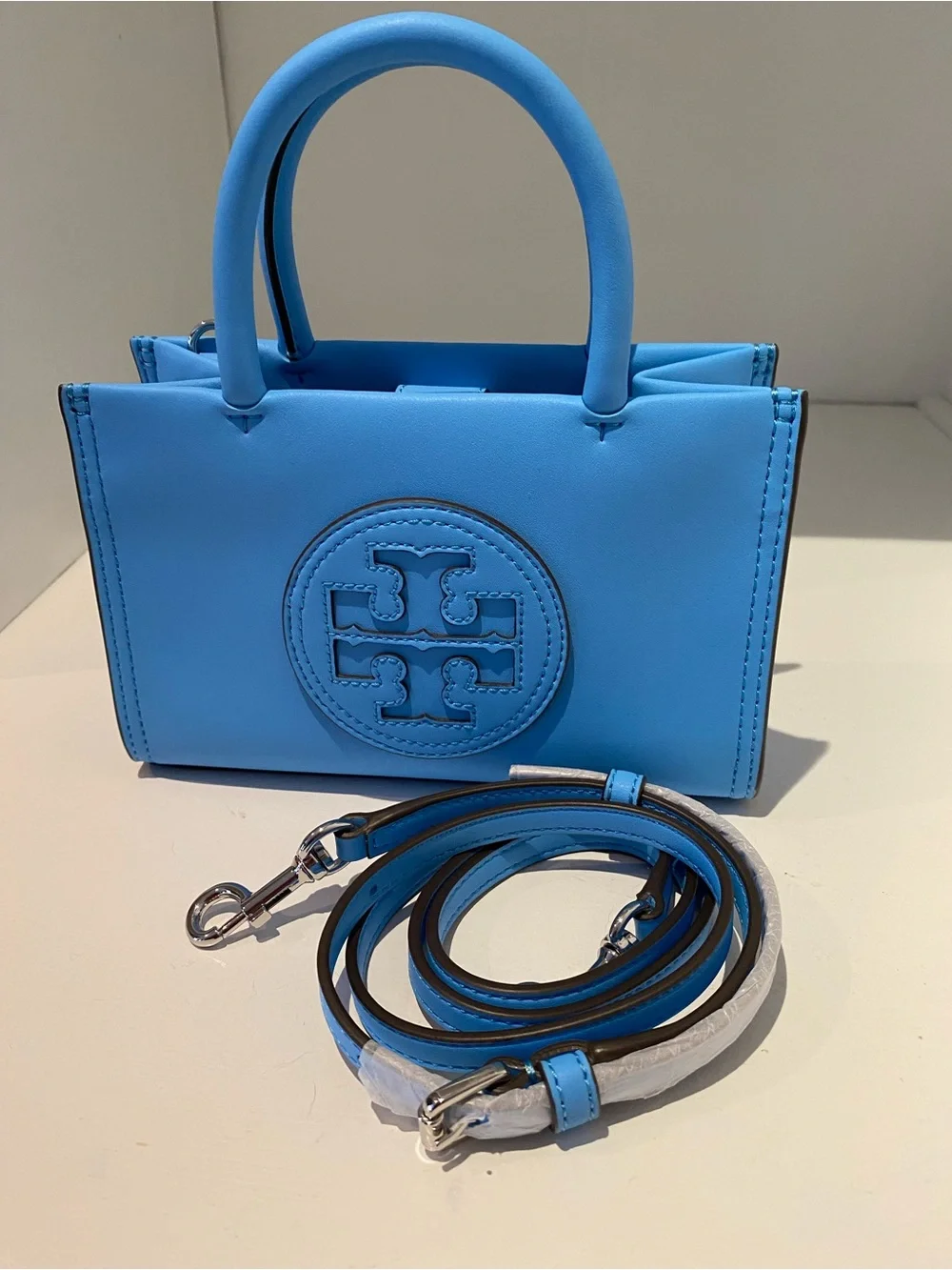 NWT Tory Burch Mini Ella Bio Tote Sky Blue Azure : Cross body Strap included